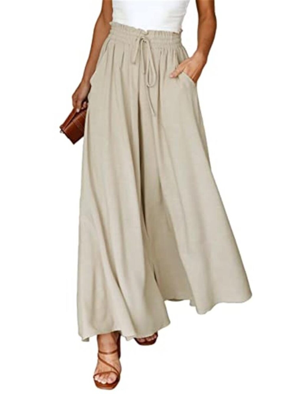 Womens Wide Leg Pants High Waisted Drawstring Palazzo Casual Lounge Trousers